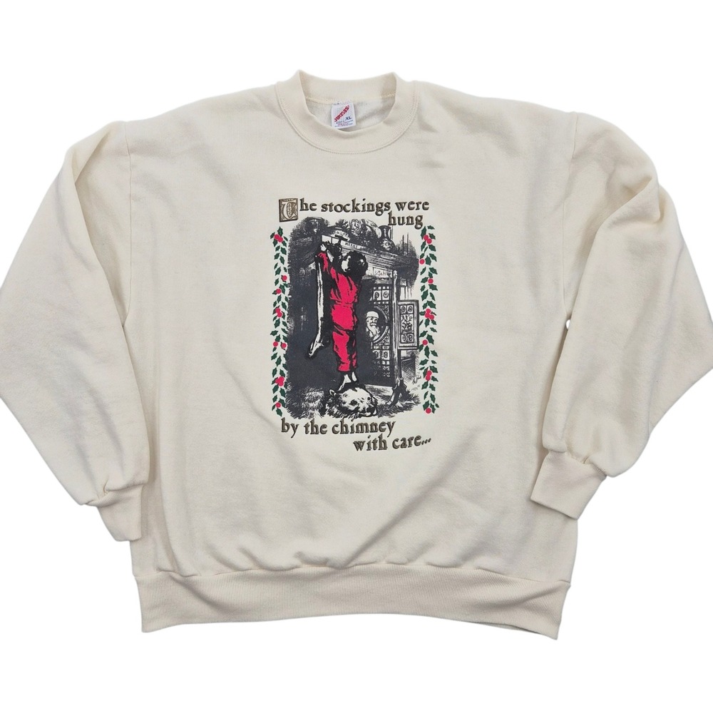 Vintage Jerzees Christmas Sweatshirt Cream Graphic Made in USA XL Holiday 90s